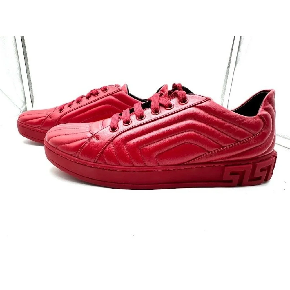 Versace Mens‎ Red Quilted Leather Medusa Greca Low Top Sneakers Shoes